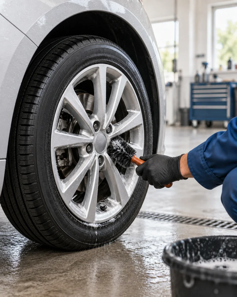Reinigung einer Autofelge mit Bürste und Schaum